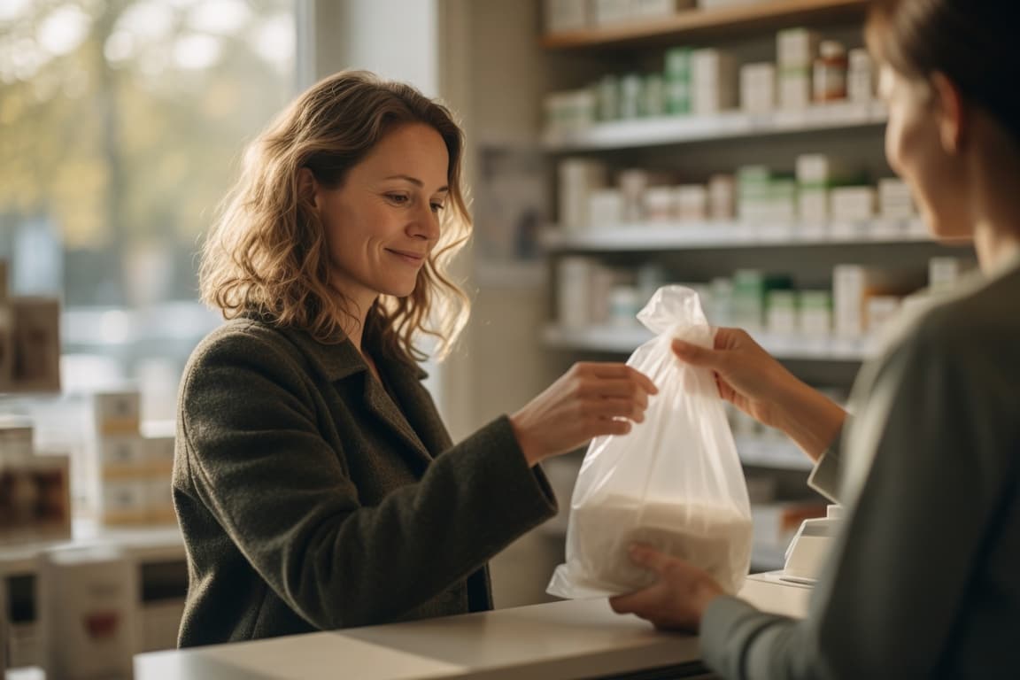 Kvinna hämtar ut sitt recept på apoteket